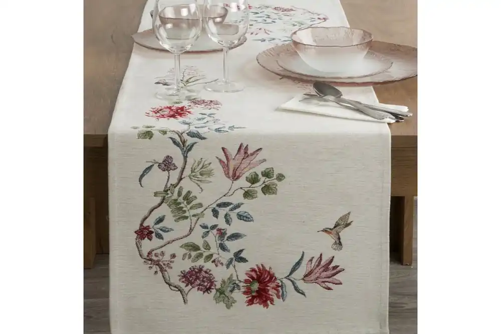 Egzotikus virágmintás gobelin asztali futó zsenília fonalból Natúr 40x100 cm Vásárlói kedvenc