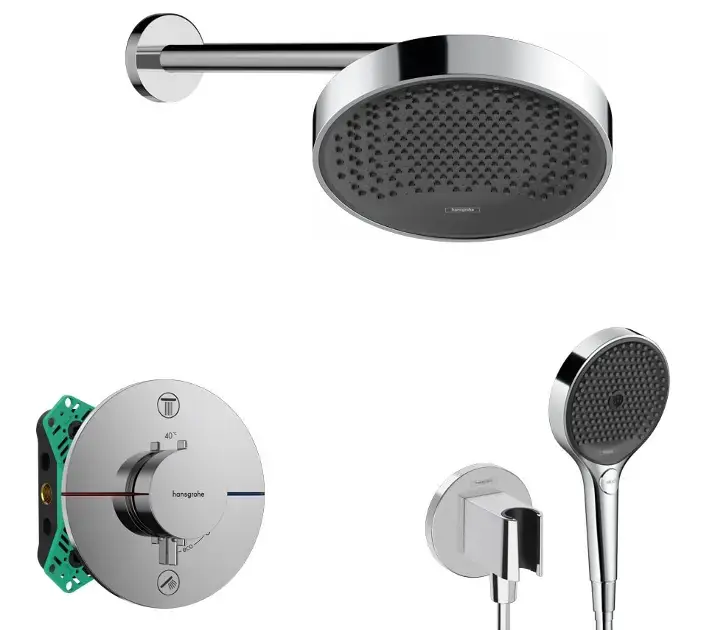 Hansgrohe - Zuhanyszett termosztáttal, rejtett, testtel, 25 cm átmérőjű, 3 fúvókával, krómozott SANI21HHH006 Kedvezményes ár