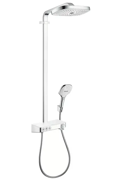 Korlátozott ajánlat Hansgrohe Raindance Select E - Showerpipe 300 zuhanykészlet termosztáttal ShowerTablet Select, 3 fúvókával, fehér/króm 27127400